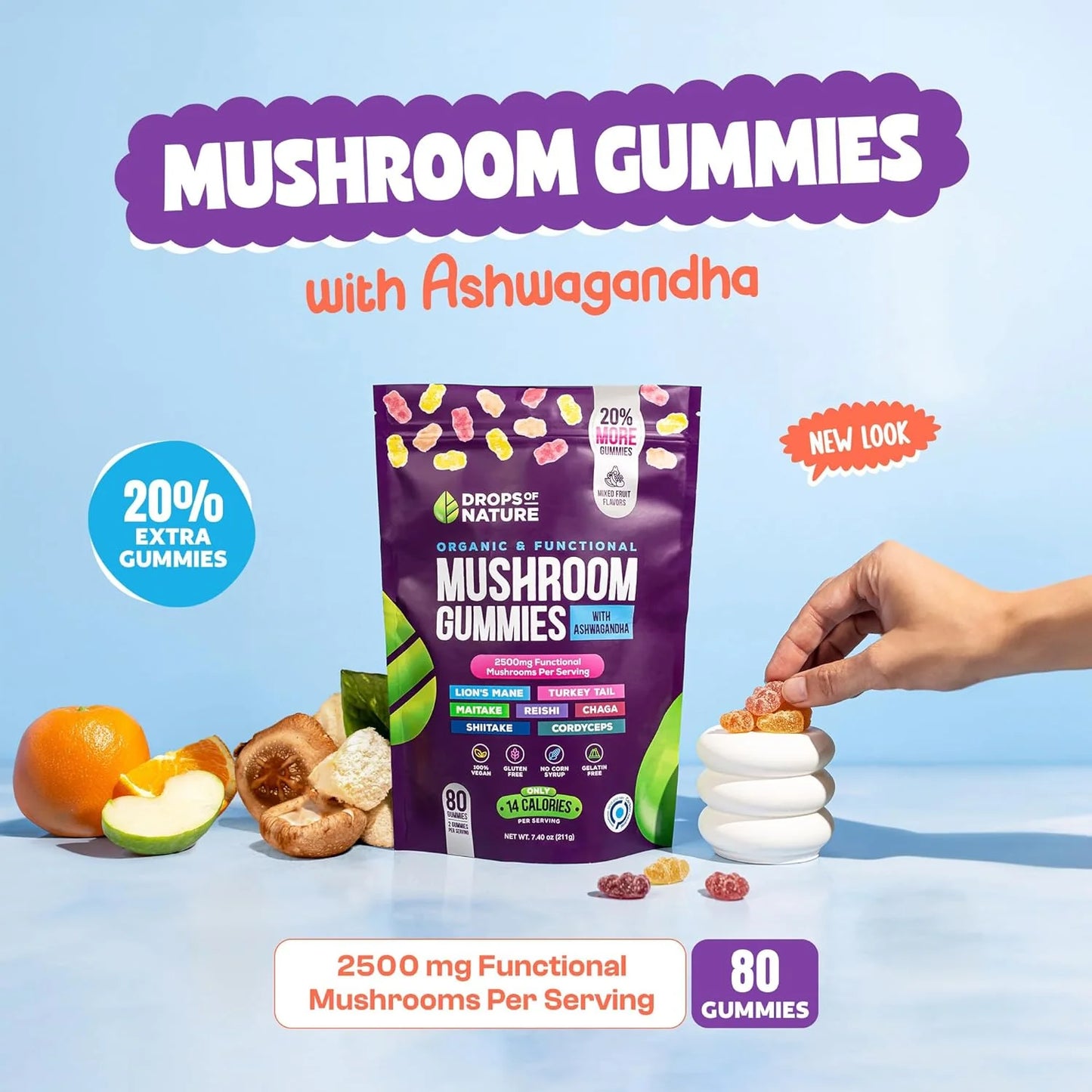 Organic & Functional Mushroom Gummies with Ashwagandha | 80 Gummies